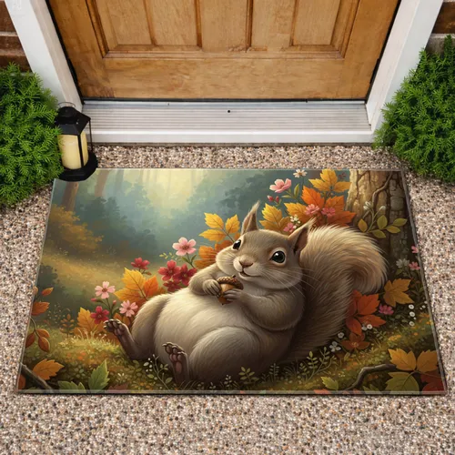 Squirrel Acorn Wildflower Autumn Forest - Wildlife Lover Gift for Nature Lover Doormat
