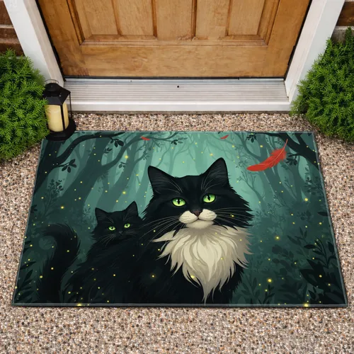 Glowing Eyes Black Cat Kitten Mystical Forest - Home Decor Gift for Cat Lover Doormat