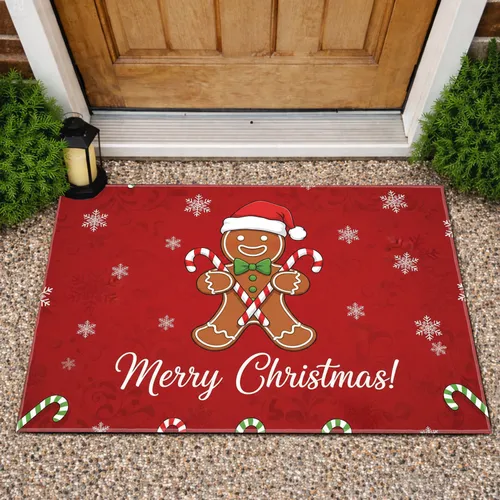 Gingerbread Man Merry Christmas Candy Canes Snowflakes - Festive Seasonal Home Decor Gift Doormat