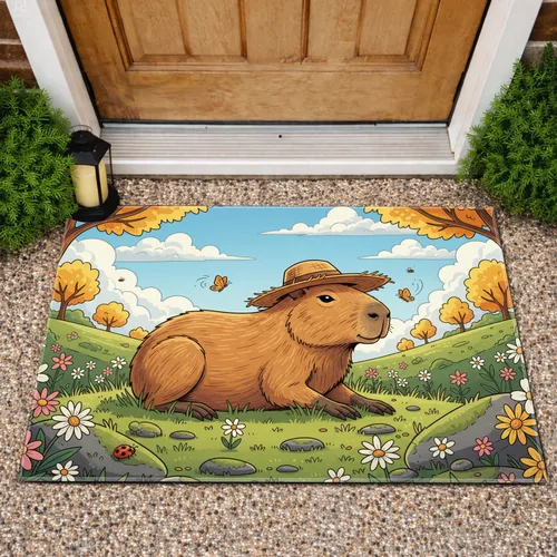 Capybara Straw Hat Wildflower Meadow - Wildlife Lover Home Decor Gift Doormat