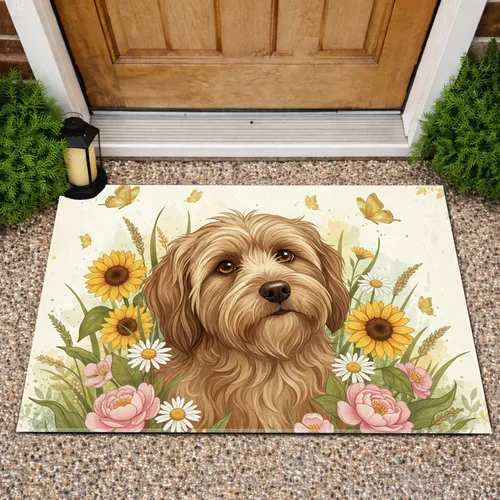 Shaggy Light Brown Dog Wildflowers Butterflies - Home Decor Gift for Dog Lovers Doormat