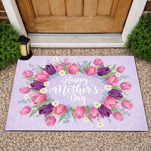 Happy Mother's Day Pink Purple Tulips Forget-Me-Nots Daisies Sparkle - Mother's Day Gift Doormat
