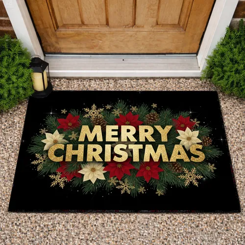 Merry Christmas Rustic Gold Pine Poinsettia Snowflake - Christmas Decor Doormat