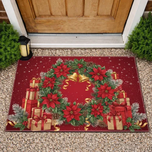 Poinsettia Wreath Holly Jingle Bells Gift Boxes - Holiday Home Present Doormat
