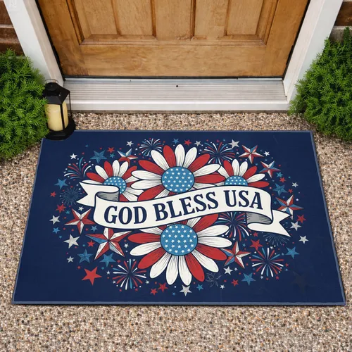 God Bless USA Patriotic Flowers - Independence Day Gift for Veterans Doormat