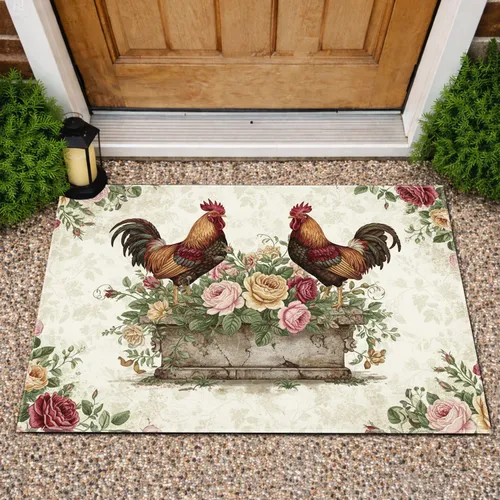 Roosters Antique Planter Vintage Rose Rustic Foliage - Farmhouse Decor Gift Doormat