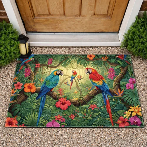 Macaw Parrots Tropical Rainforest Jungle Flowers - Wildlife Lover Home Decor Gift Doormat