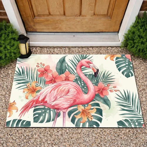 Pink Flamingo Exotic Tropical Orchids Lilies - Home Decor Gift for Nature Lover Doormat