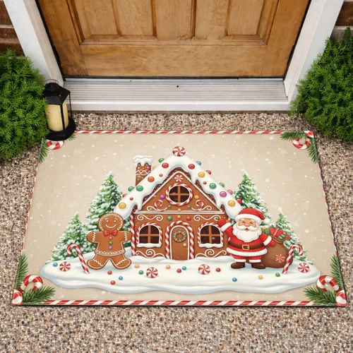 Gingerbread House Santa Snow Scene - Christmas Holiday Decor Doormat