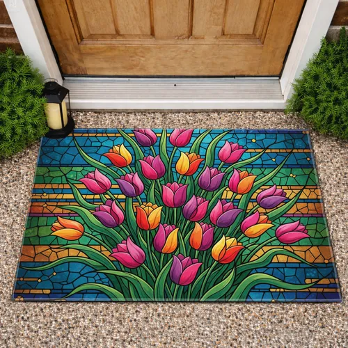 Repeating Tulips Flowing Green Leaves Textured Stained Glass - Home Decor Gift Doormat