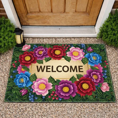 Welcome Plaque Botanical Flowers Foliage - Home Entryway Decor Gift Doormat