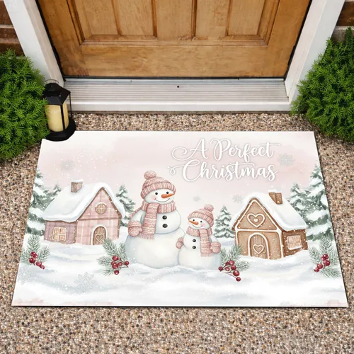 Snowman Snow-person 'A Perfect Christmas' Pink Cottage Gingerbread House Holiday Decor Doormat