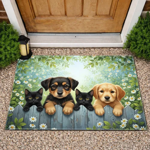 Curious Puppies Black Cats Fence Peeking - Pet Lover Home Decor Gift Doormat