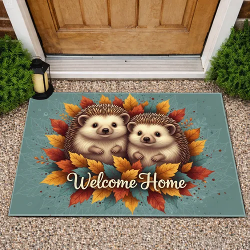 Two Hedgehogs Autumn Leaves Welcome Home Phrase - Autumn Home Decor Gift for Hedgehog Lover Doormat