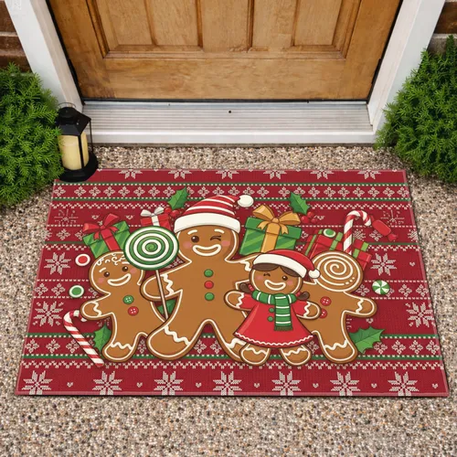 Gingerbread Cookies Santa Hat Lollipop Candy Cane Presents Holly - Christmas Holiday Decor Doormat