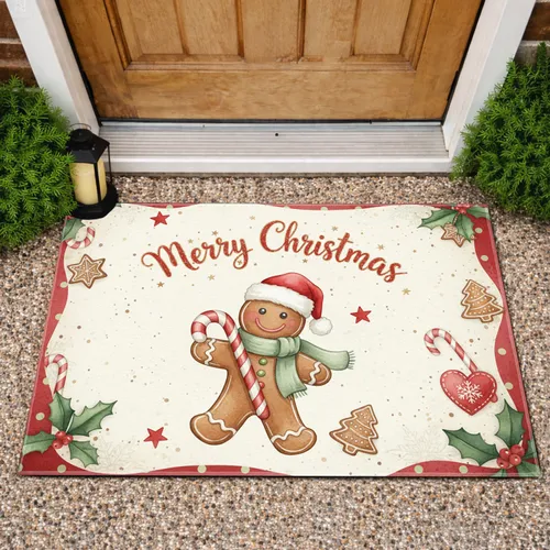Gingerbread Man Merry Christmas Candy Cane - Holiday Home Decor Doormat