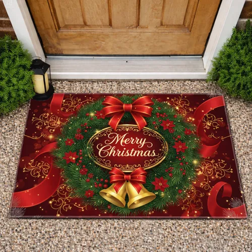 Merry Christmas Script Wreath Golden Bells - Holiday Home Decor Gift Doormat