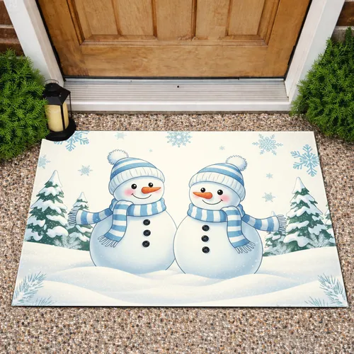 Snowmen Snowflakes Evergreen Trees Christmas Holiday Decor Gift Doormat