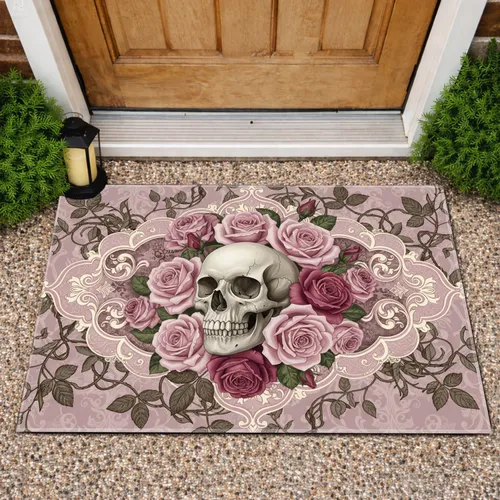 Human Skull Roses Vines Filigree Lace - Home Decor Gift Doormat