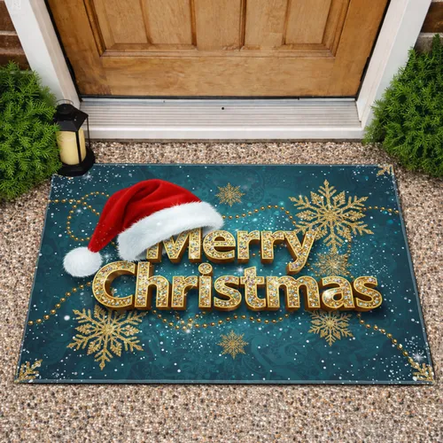 Merry Christmas Golden Santa Hat Snowflakes - Winter Holiday Decor Doormat