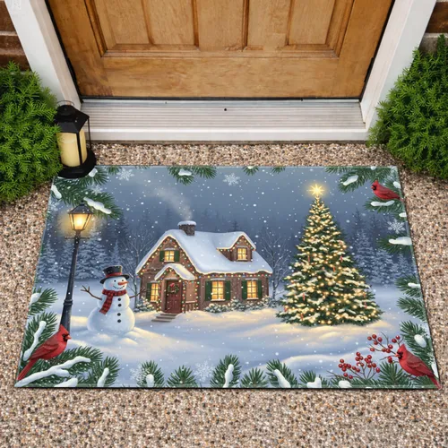Christmas Cottage Snowman Tree - Christmas Home Decor Gift Doormat