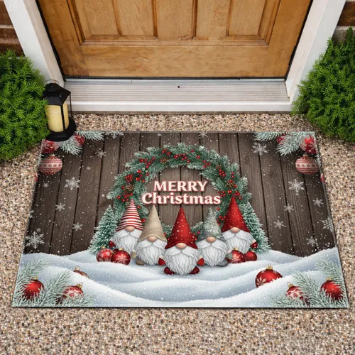 Merry Christmas Gnomes Festive Wreath - Rustic Holiday Home Decor Doormat