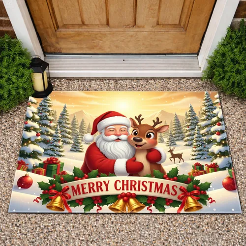 Santa Claus Reindeer Hugging Winter Wonderland - Christmas Holiday Decor Doormat