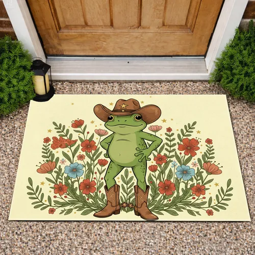 Rustic Green Frog Cowboy Hat Star Emblems Wildflowers - Farmhouse Home Decor Gift Doormat