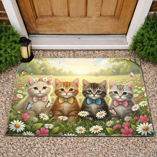 Kittens White Daisies Pink Wildflowers Butterfly Spring Meadow - Home Decor Gift for Cat Lover Doormat