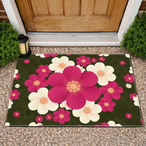 Large Rounded Five-Petal Floral Pink White Peach Blooms Olive Green Field - Everyday Home Accent Doormat