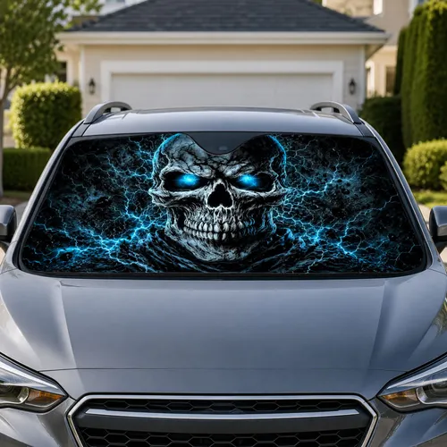 Glowing Blue Skull Lightning Dark Gothic Horror Halloween Road Trip Gift For Men Car Sunshade