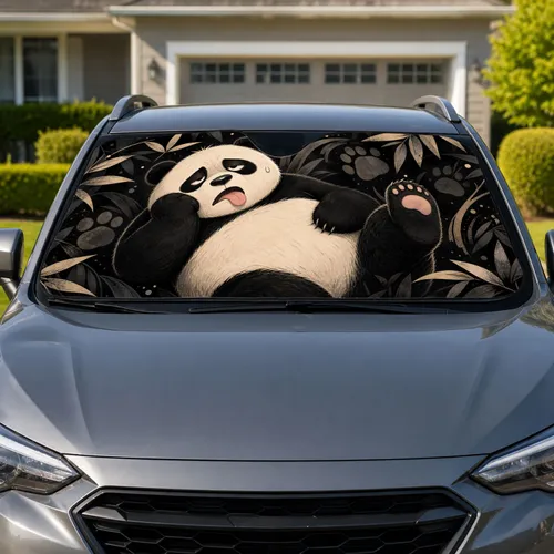 Sleepy Sweaty Panda With Bamboo Leaves For Fun Road Trip Decor And Animal Lovers Car Sunshade