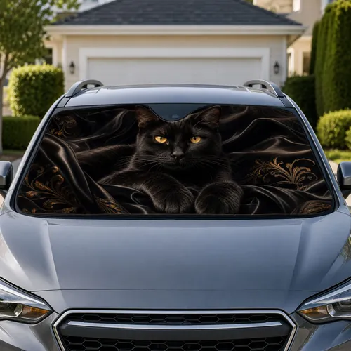 Realistic Black Cat With Amber Eyes Dark Gothic Decor For Elegant Night Drive Lovers Car Sunshade