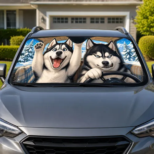 Funny Husky Dogs In Snowy Winter Cabin For Road Trip Dog Lovers And Pet Owners Gift Car Sunshade