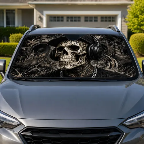 Skull With Black Headphones And Cap For Hip Hop Streetwear Driving Vibes Music Fans Car Sunshade