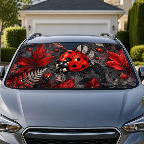 Red Ladybug And Autumn Leaves Botanical Decor For Daily Nature Drives And Garden Fans Car Sunshade