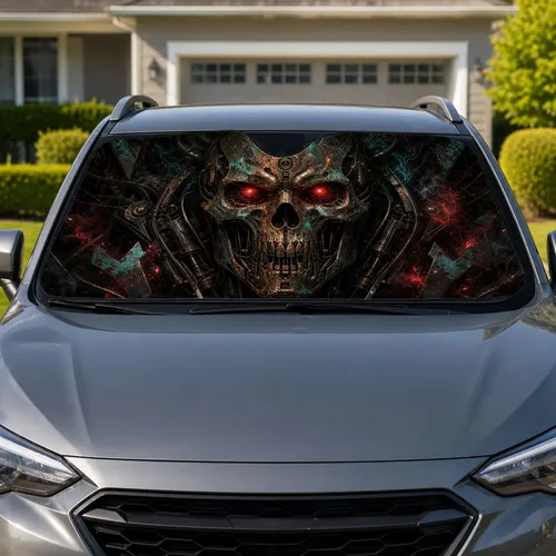 Menacing Cybernetic Skull With Red Eyes For Dark Sci Fi Daily Automotive Style Fans Car Sunshade