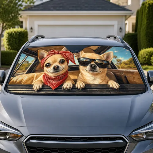 Road Trip Chihuahua Duo With Red Bandana And Sunglasses For Dog Lover Adventures Car Sunshade