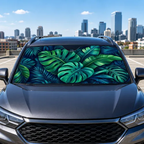 Navy Tropical Monstera Palm Leaves For Summer Beach Trips And Island Style Lovers Car Sunshade