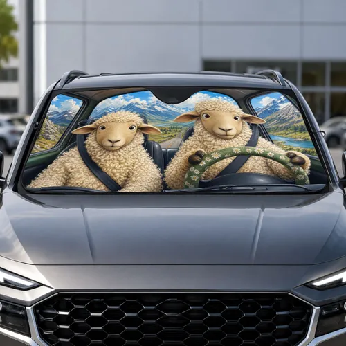 Woolly Sheep Road Trip Mountain Highway Scene For Summer Travel And Outdoor Parking Car Sunshade