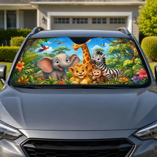 Safari Animals Jungle Scene For Fun Family Road Trips And Kid Friendly Travel Decor Car Sunshade