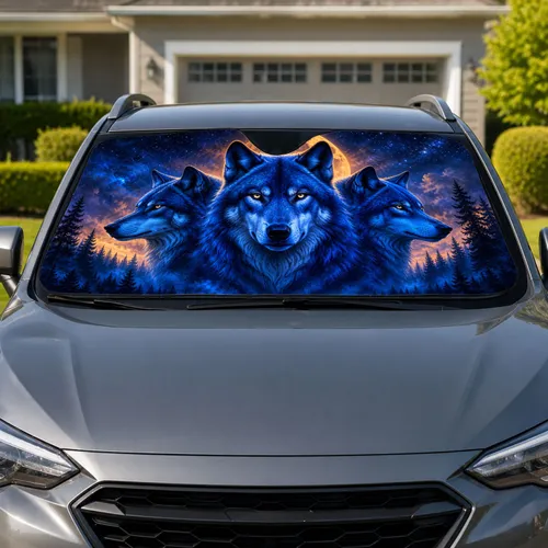 Electric Blue Three Wolf Moon Forest Fantasy Wildlife For Road Trip Cabin Style Fans Car Sunshade