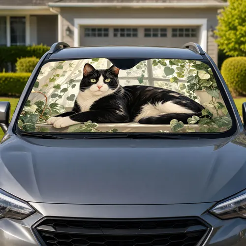 Tuxedo Cat On Sunny Windowsill With Houseplants For Cozy Summer Driving Decor Gift Car Sunshade