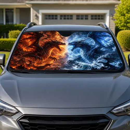 Fire And Ice Dragon Battle Fantasy Scene For Dark Gothic Fans And Road Trip Style Car Sunshade