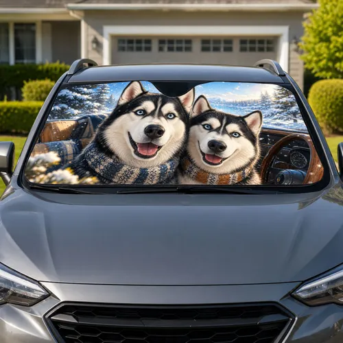 Cute Siberian Husky Dogs In Cozy Winter Road Trip Scene For Dog Lovers And Travelers Car Sunshade