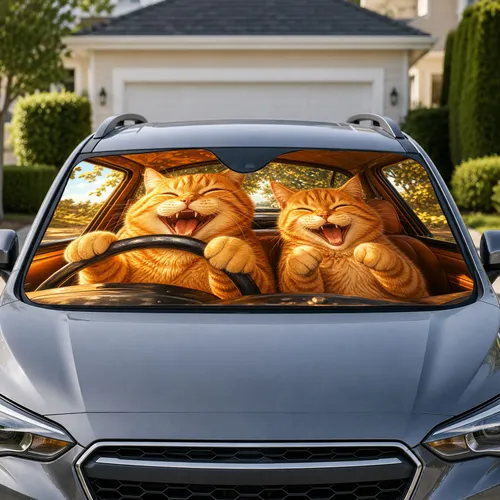 Laughing Orange Tabby Cats Driving In Warm Cabin For Funny Summer Road Trip Decor Car Sunshade