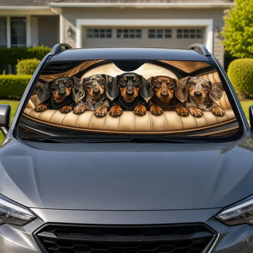 Realistic Five Dachshunds In Cozy Travel Cabin Decor For Dog Lovers And Road Trips Car Sunshade