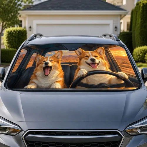 Two Happy Corgis In Cozy Road Trip Cabin, Golden Sunset Gift For Dog Lovers And Pet Fans Car Sunshade