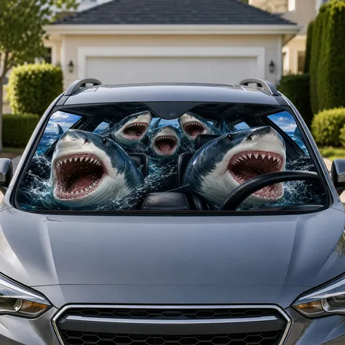 Five Great White Shark Attack Interior Scene For Coastal Road Trips And Shark Fans Car Sunshade