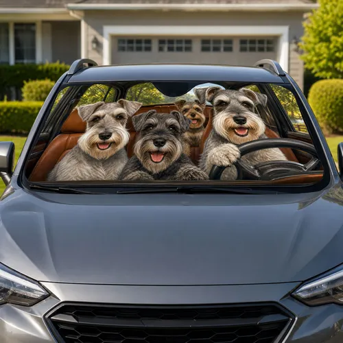 Happy Schnauzer Road Trip Crew With Cozy Cabin Travel Vibes For Dog Lovers And Pet Parents Car Sunshade